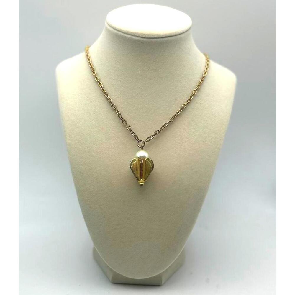 Vintage Mod Pendant Necklace, 26" Gold Tone w Faux Pearl Accent, 70s–80s Slip On
